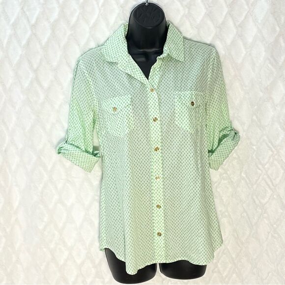 C. Wonder Tops - C Wonder Small Button Down Shirt - Adjustable Sleeves - Gold Colored Buttons